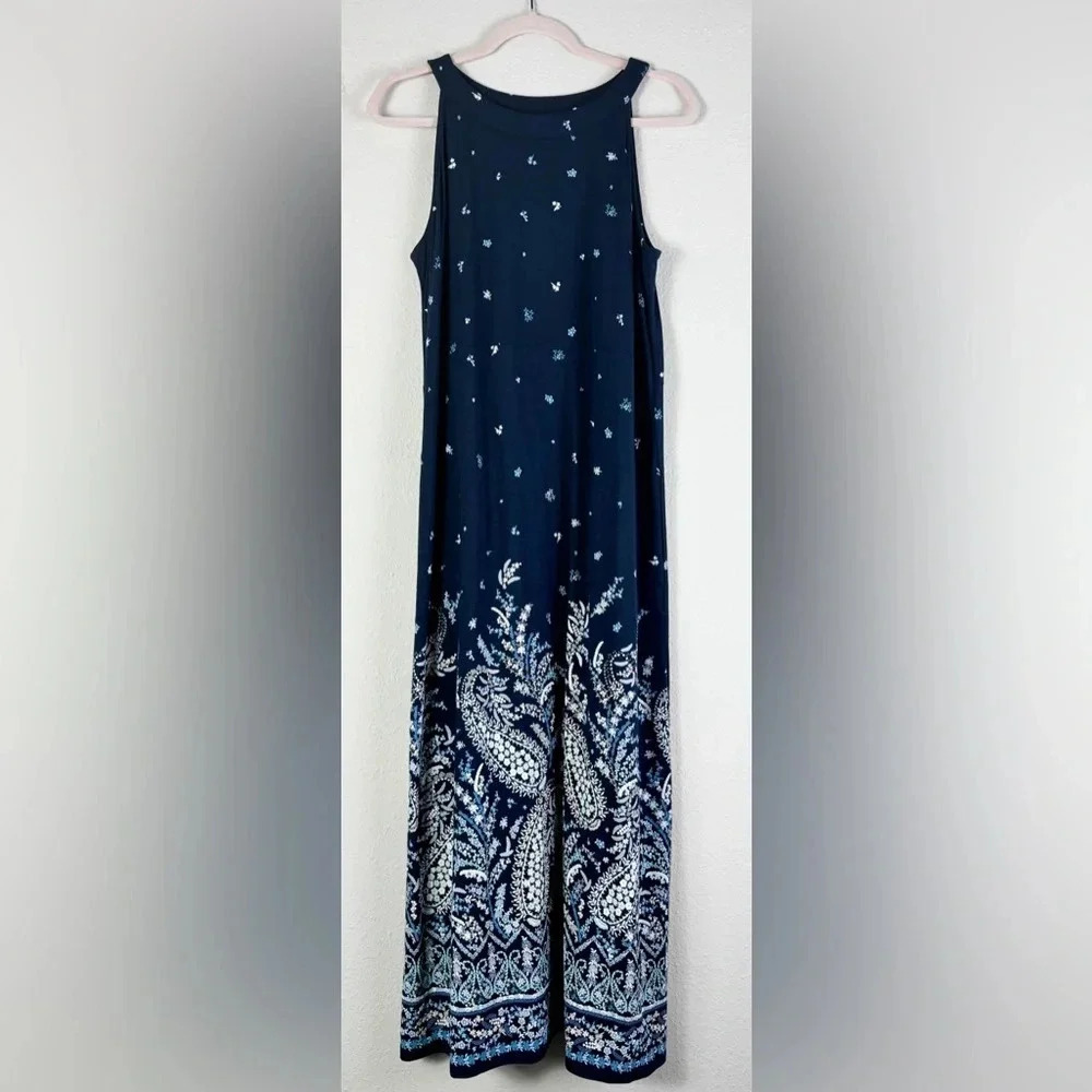 J. Jill Paisley Floral Sleeveless Midi‎ / Maxi Dress in navy blue size M